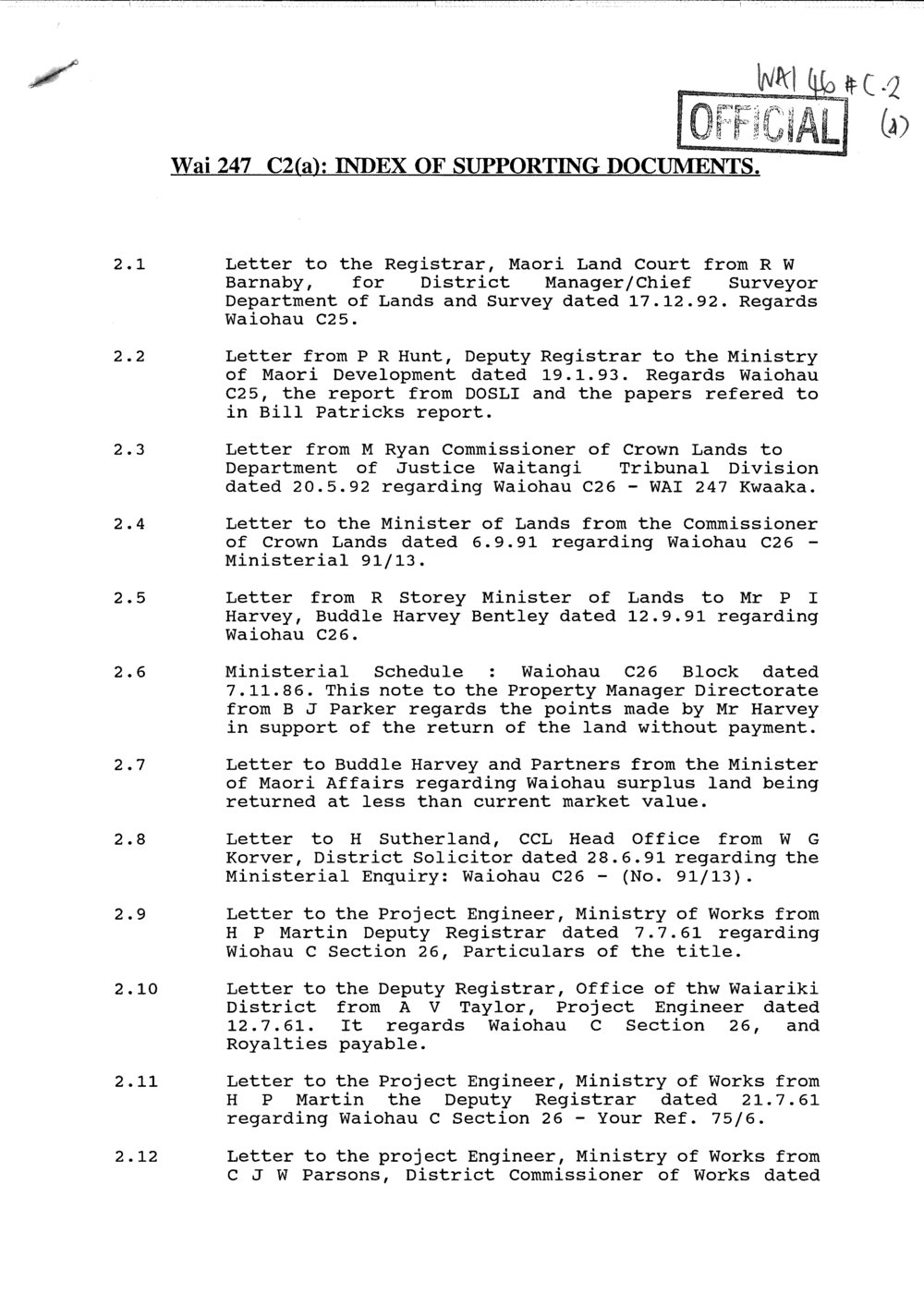 Wai 46_INQ_C002 (a)_Index_Wai 247 C2(a) Index of Supporting Documents