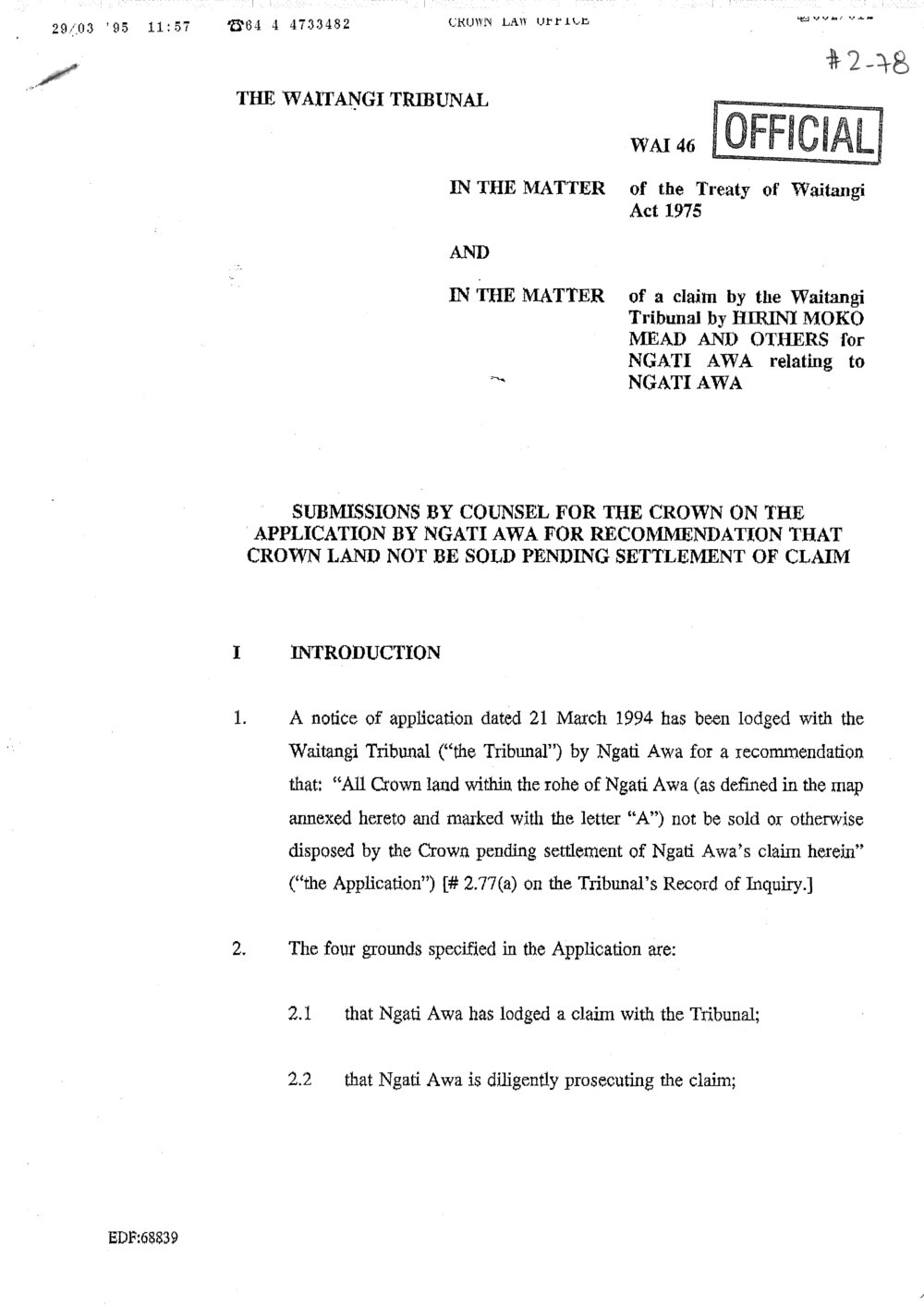 Wai 46_INQ_2.78_Submissions by Counsel For the Crown on The Application by Ngati Awa for Recc that Crown land not Sold