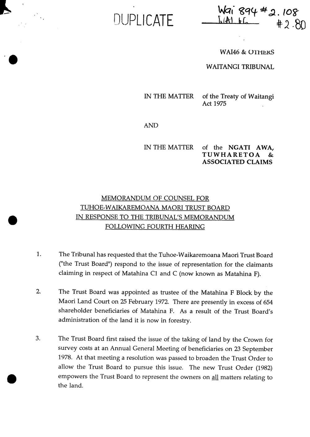Wai 46_INQ_2.80_Memo of Counsel for Tuhoe-Waikaremoana Maori T Board in Response to the Tribunals Memo Following 4th Hearing