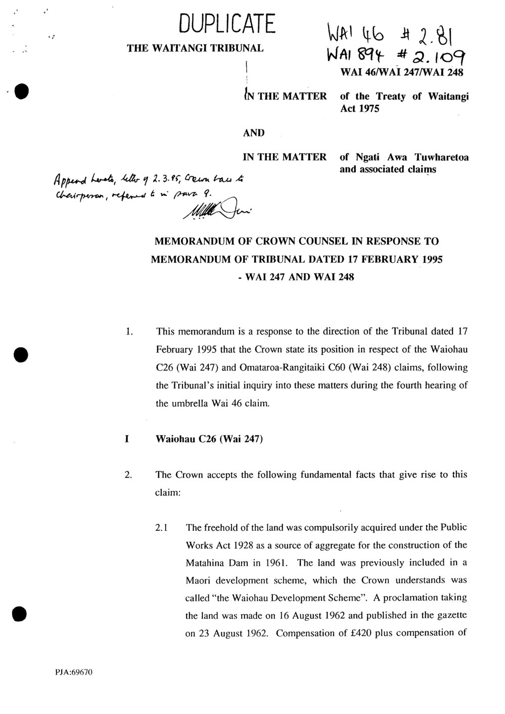 Wai 46_INQ_2.81_Memo of Crown counsel in Response to Memo of Tribunal RE Ngati Awa &amp; associated claims