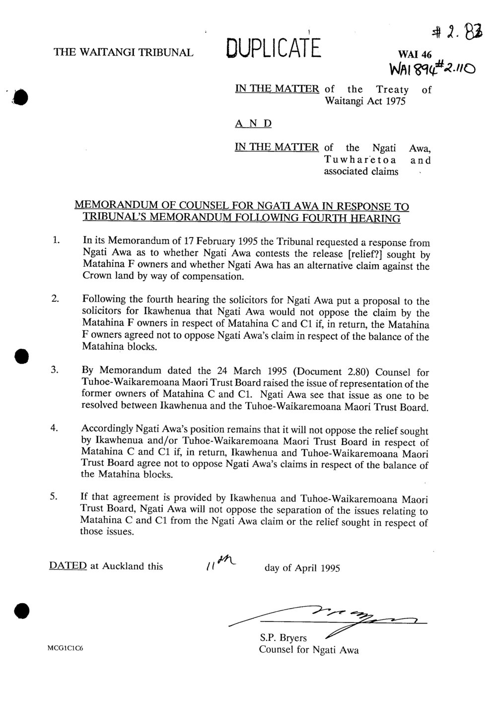 Wai 46_INQ_2.82_Memo of Counsel for NA in Response to Tribunal's Memo Following 4th Hearing 11 April 1995