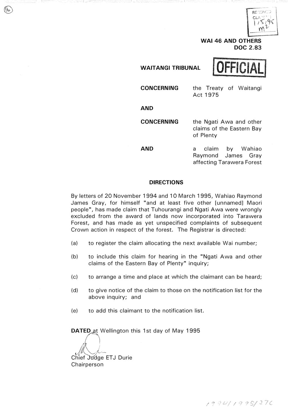 Wai 46_INQ_2.83_Memo Directions RE a claim by W.Raymond &amp; J.Gray affecting Tarawera Forest