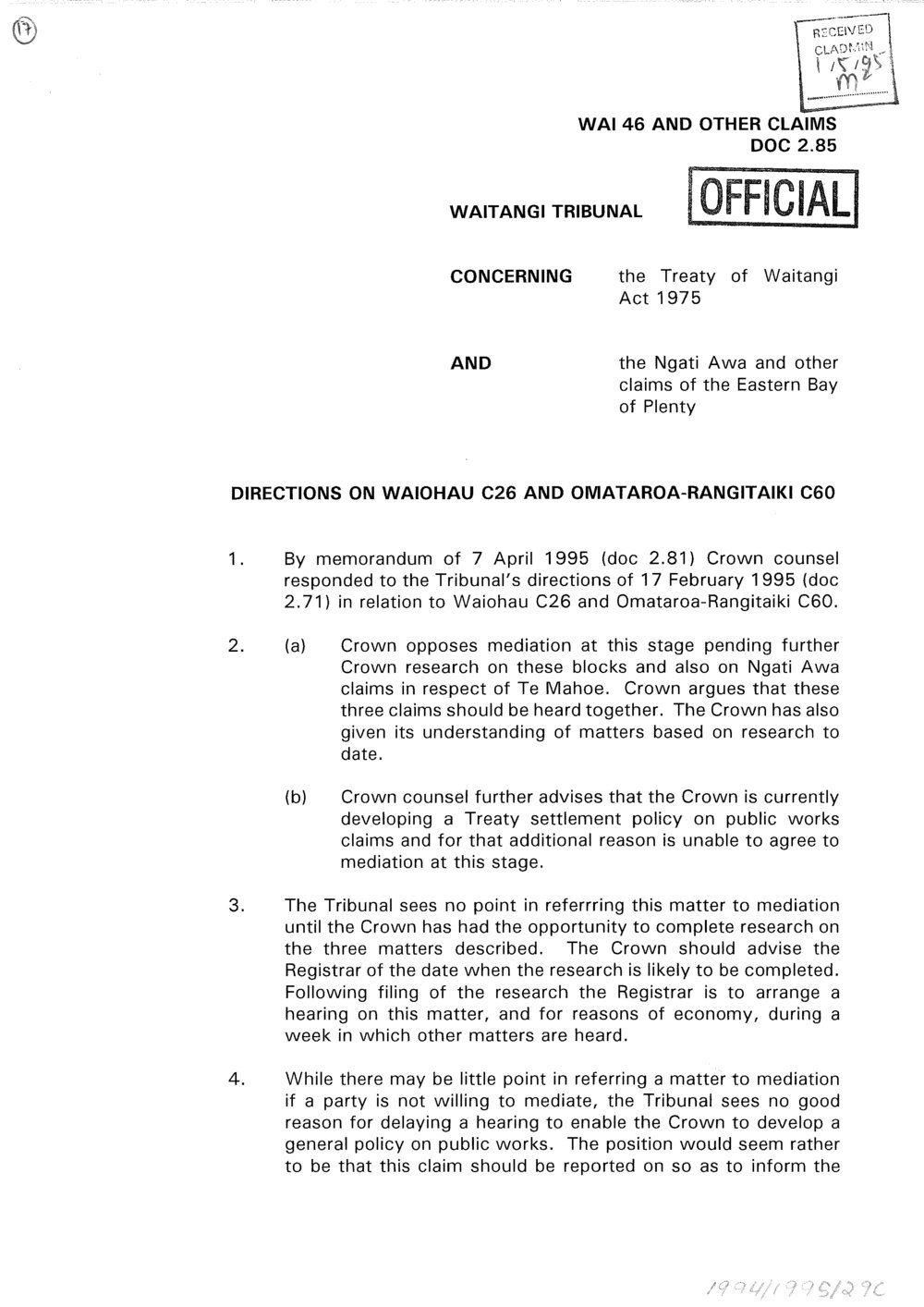 Wai 46_INQ_2.85_Directions on Waiohau C26  &amp; Omataroa-Rangitaiki C60