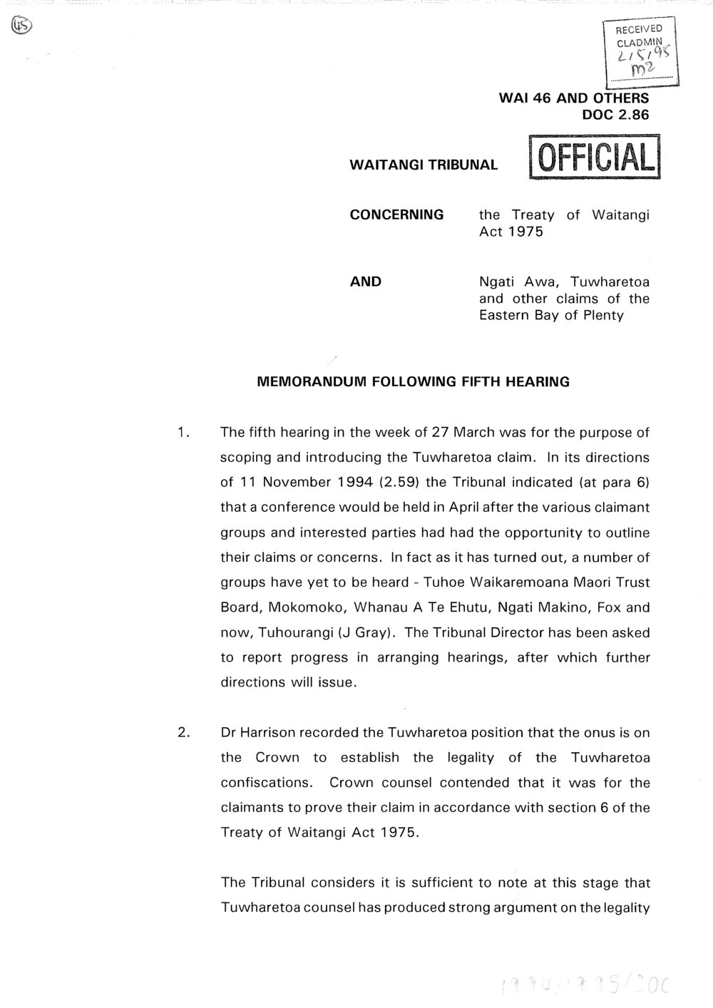 Wai 46_INQ_2.86_Memo Following 5th Hearing 1 May 1995