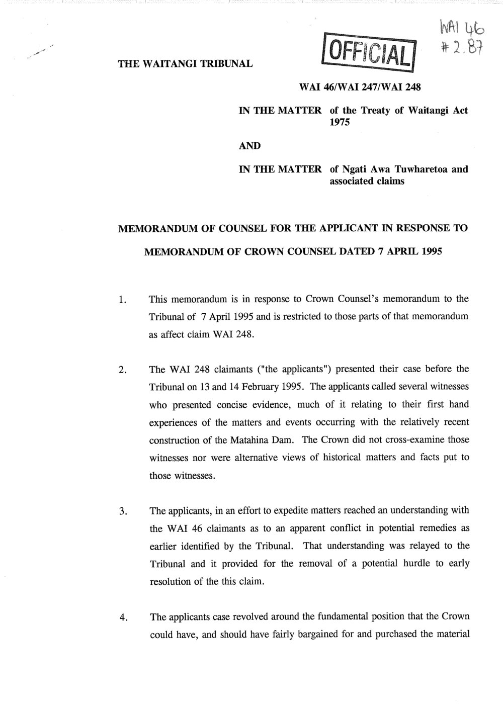 Wai 46_INQ_2.87_Memo of Counsel for the Applicant response to Memo of Crown Counsel 7 April 1995
