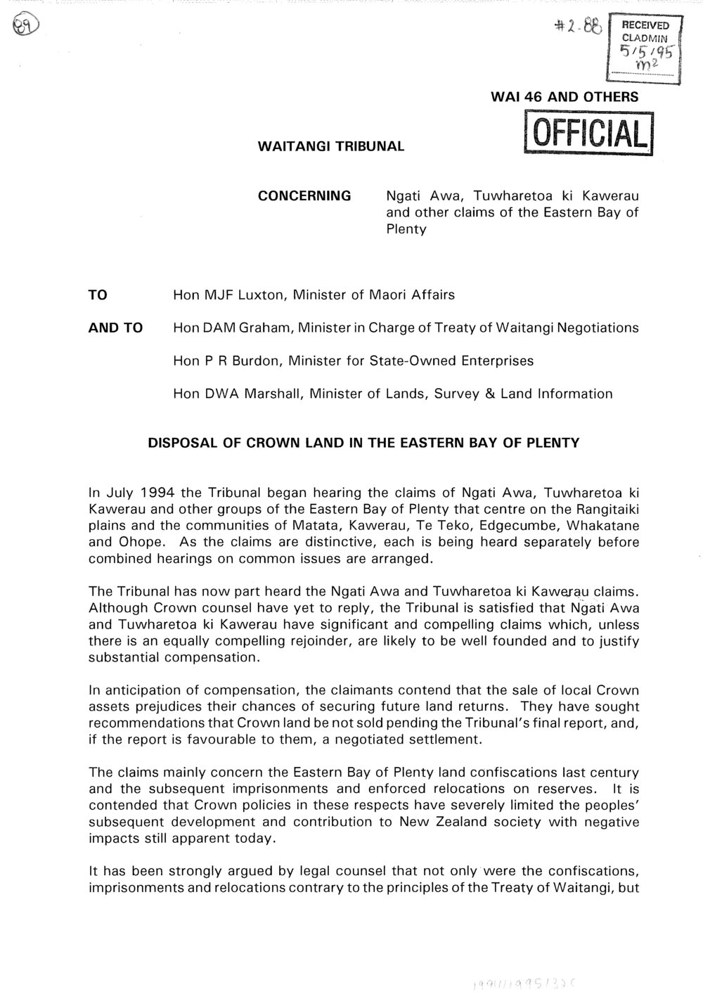 Wai 46_INQ_2.88_Letter RE Disposal of Crown Land in EBOP 5 May 1995