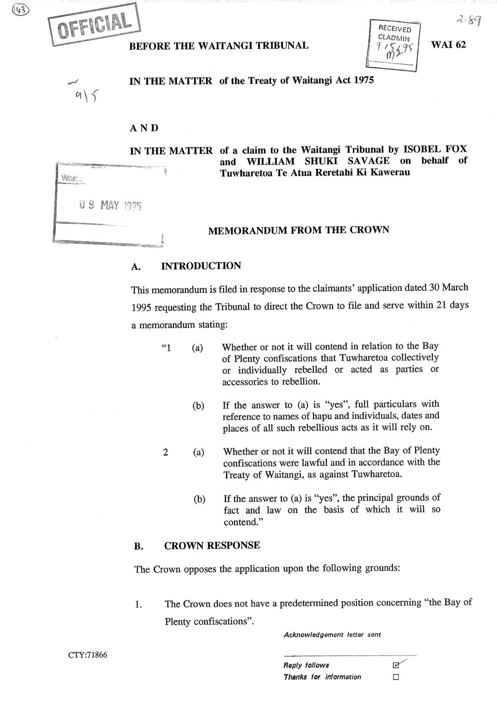 Wai 46_INQ_2.89_Memorandum from The Crown RE Claim to the Waitangi Tribunal on bf of Tuwharetoa