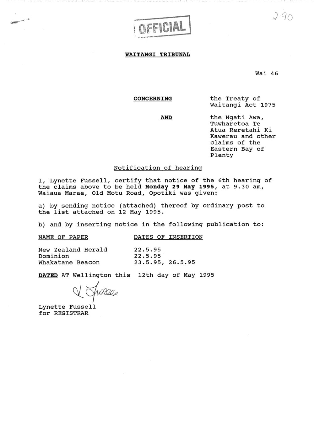 Wai 46_INQ_2.90_Notification of 6th hearing on Monday 29 May 1995