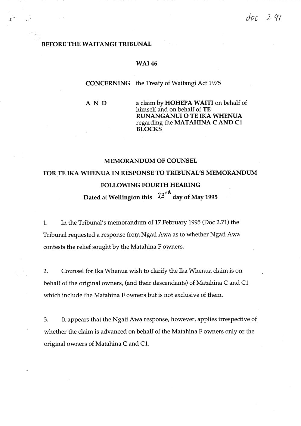Wai 46_INQ_2.91_Memo of Counsel for Te Ika Whenua Response to Tribunal Memorandum following 4th hearing
