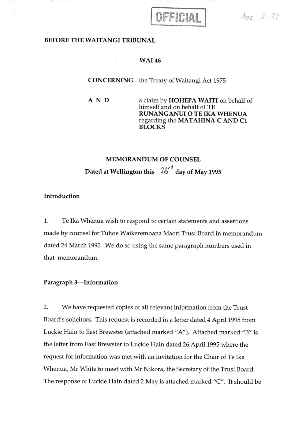 Wai 46_INQ_2.92_Memo of Counsel - Claim by Hohepa Waiti on behalf of himself and Te Runanganui o Te Ika Whenua RE Matahina Cand C1 Blocks