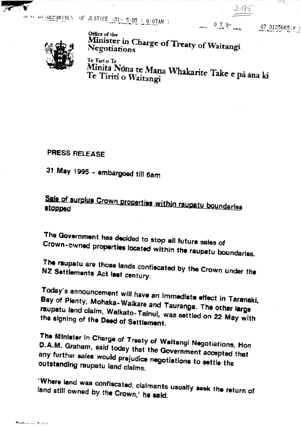 Wai 46_INQ_2.95_Press Release RE Sale of surplus Crown properties within Raupatu boundaries stopped