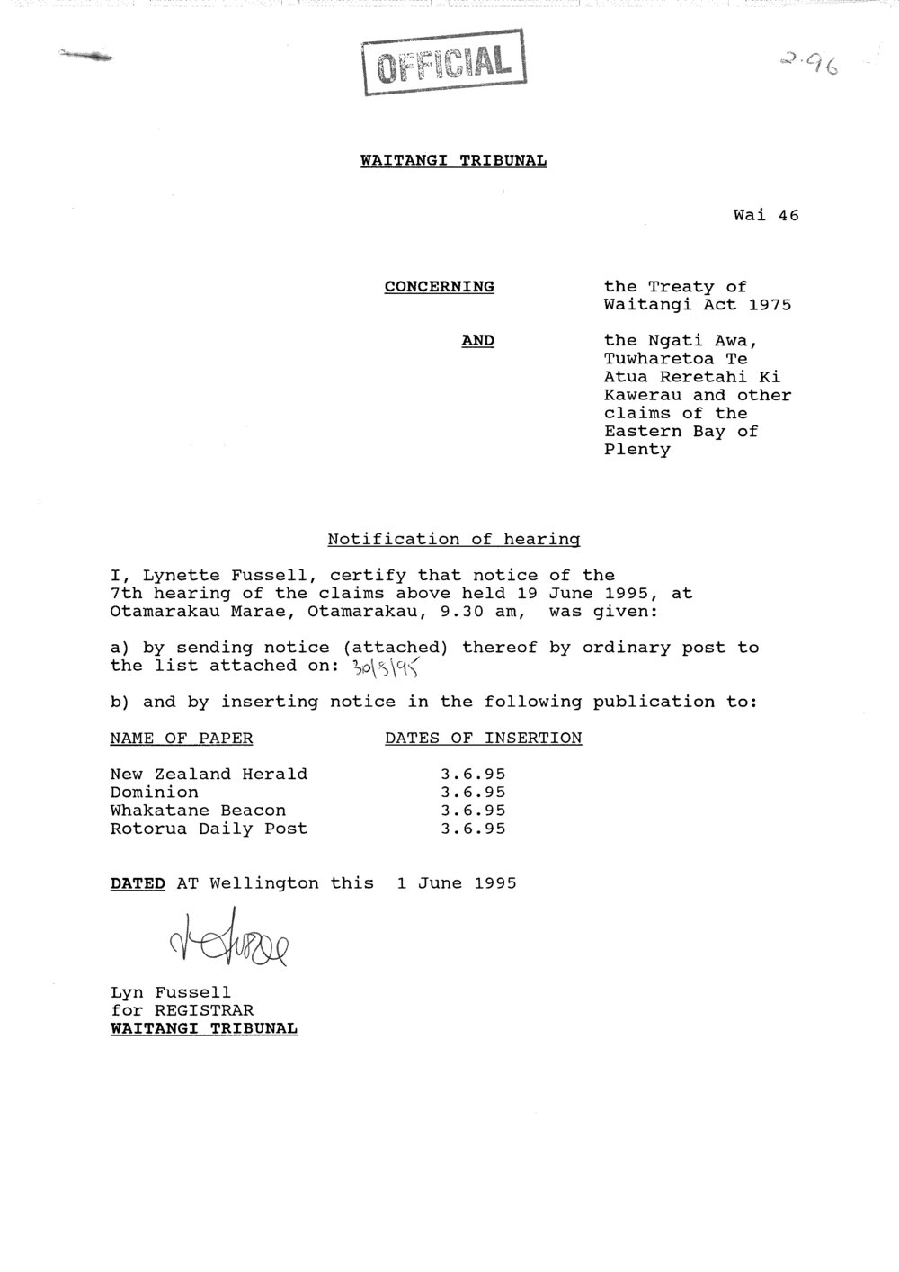 Wai 46_INQ_2.96_Notification of 7th hearing RE The NA, Tuwharetoa Atua Reretahi Ki Kawerau and other claims 1 June 1995