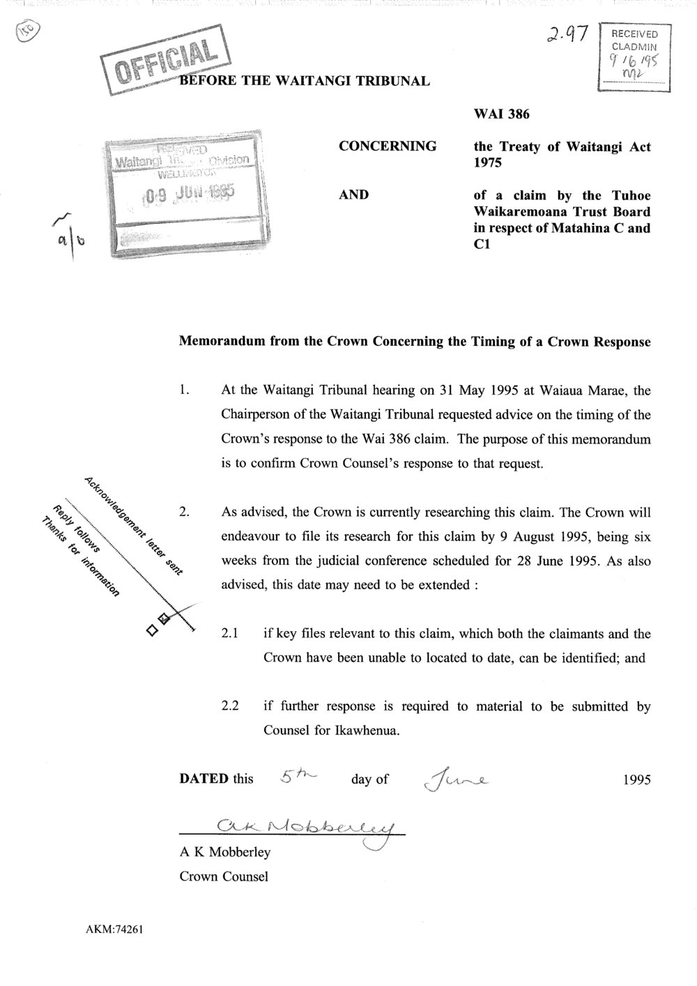 Wai 46_INQ_2.97_Memo from the Crown Concerning the Timing of a Crown Response 5 June 1995