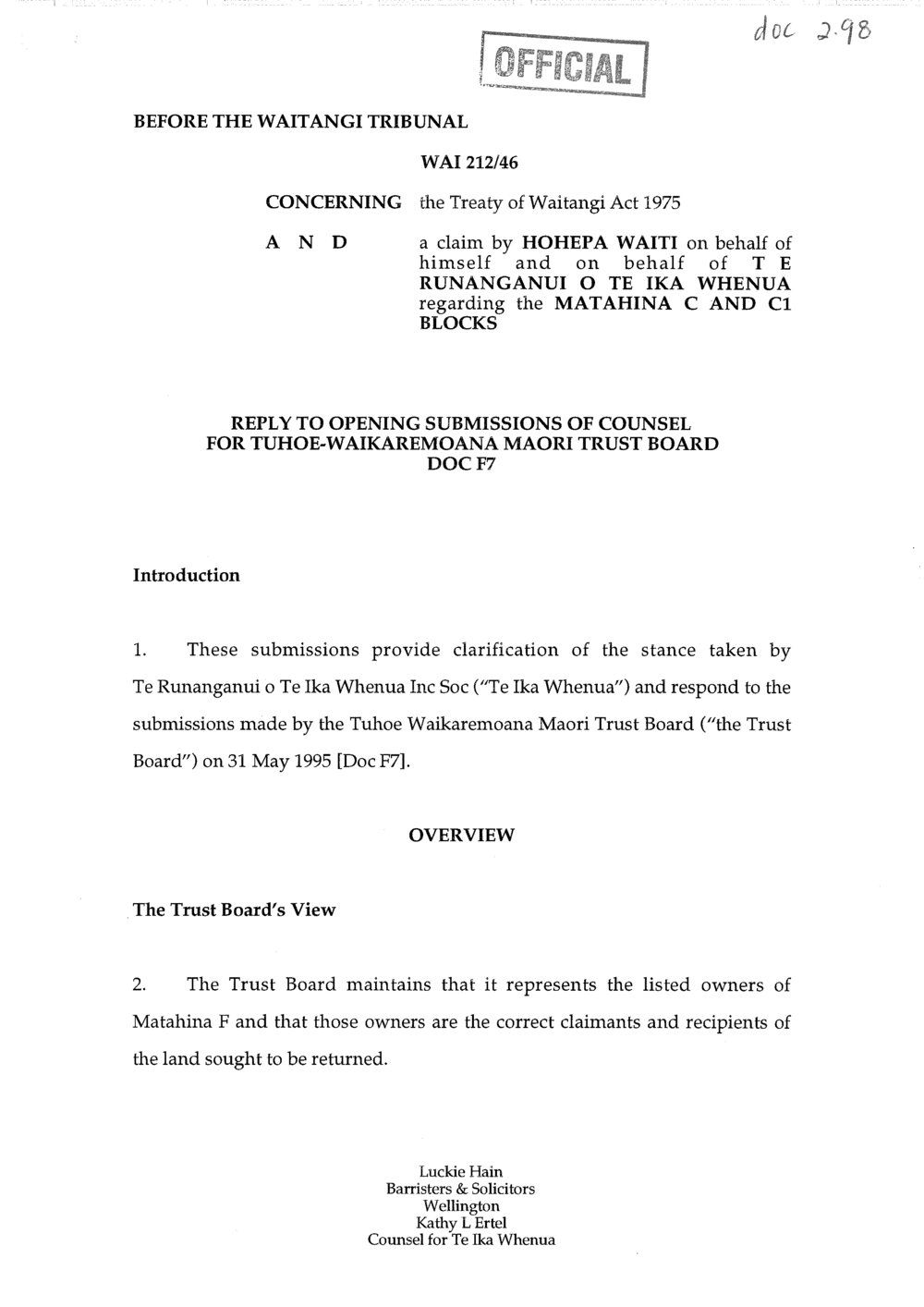 Wai 46_INQ_2.98_Reply to opening submissions of counsel for Tuhoe-Waikaremoana Maori Trust Board 6 June 1995