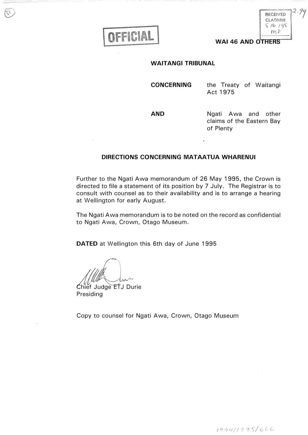 Wai 46_INQ_2.99_Memo Directions Concerning Mataatua Wharenui 6 June 1995