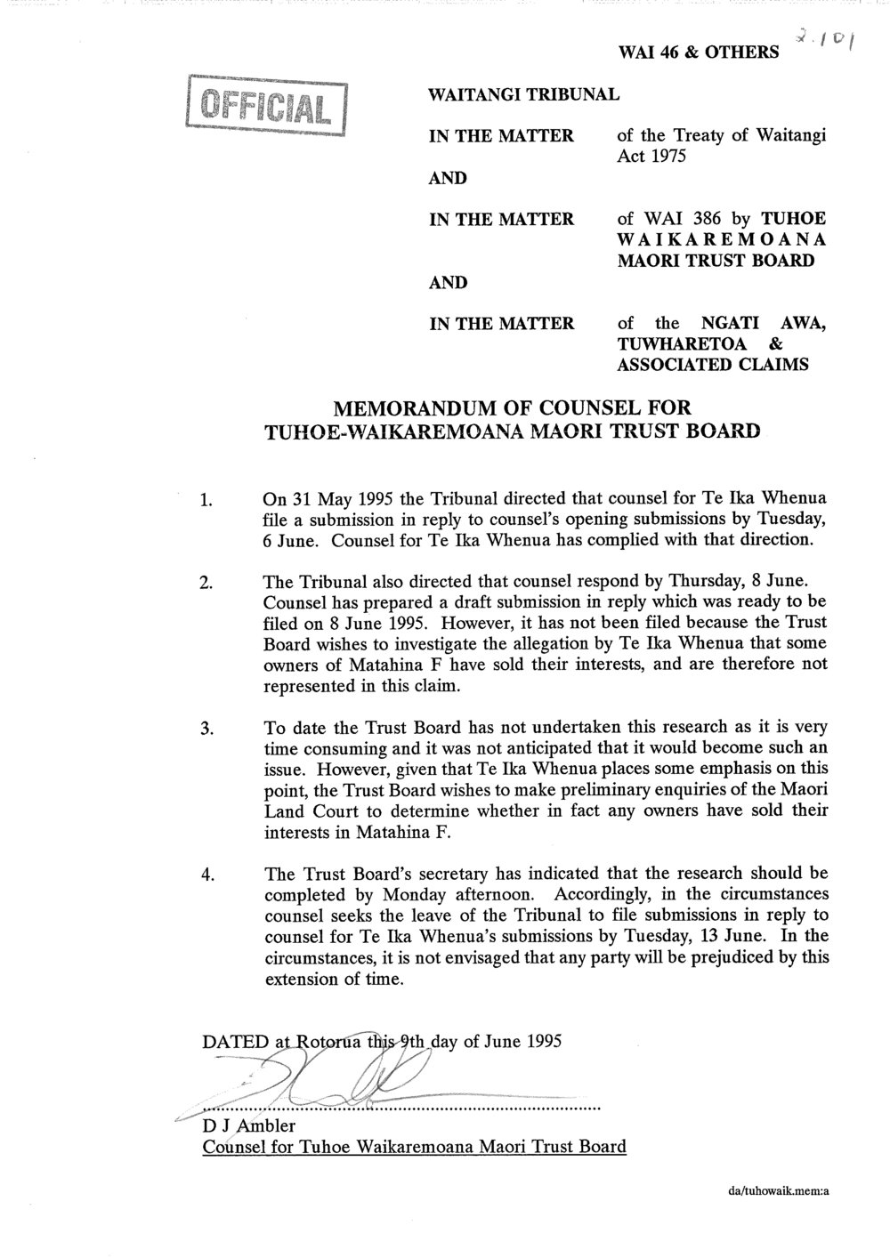 Wai 46_INQ_2.101_Memo of Counsel for Tuhoe-Waikaremoana M Trust Board 9 June 1995