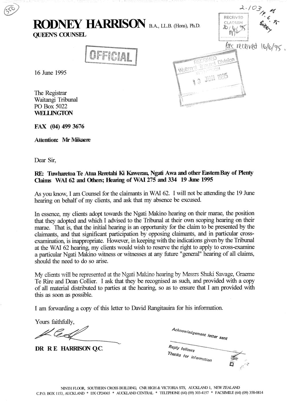 Wai 46_INQ_2.103_Letter RE Tuwharetoa Te Atua Reretahu Ki Kawerau, NA and other EBOP Claims 19 June 1995