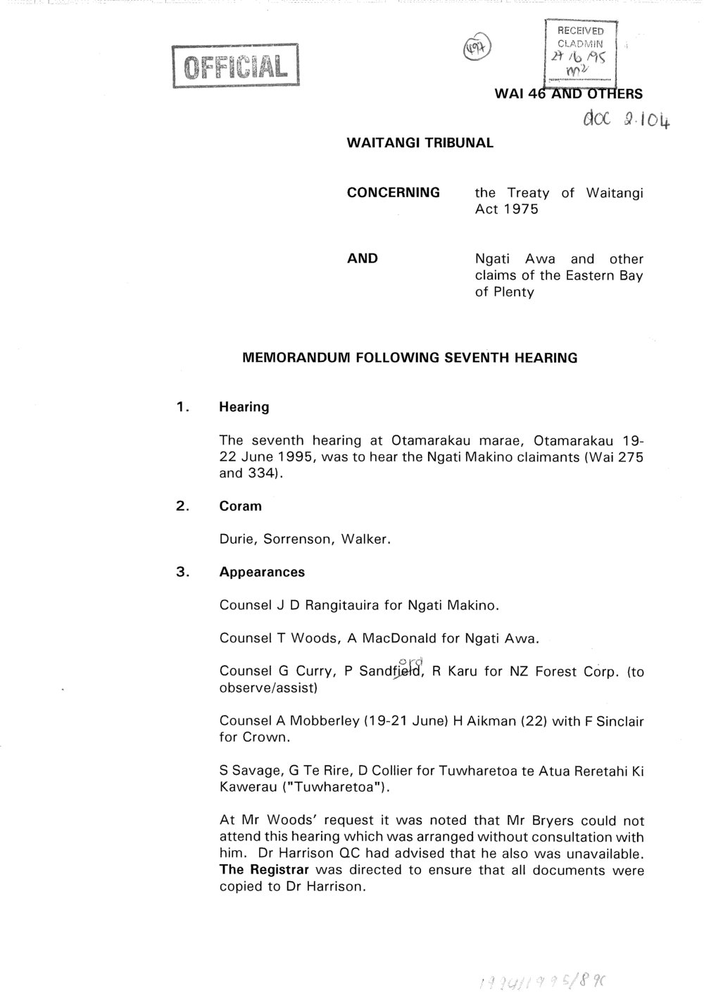 Wai 46_INQ_2.104_Memo Following Seventh Hearing 26 June 1995