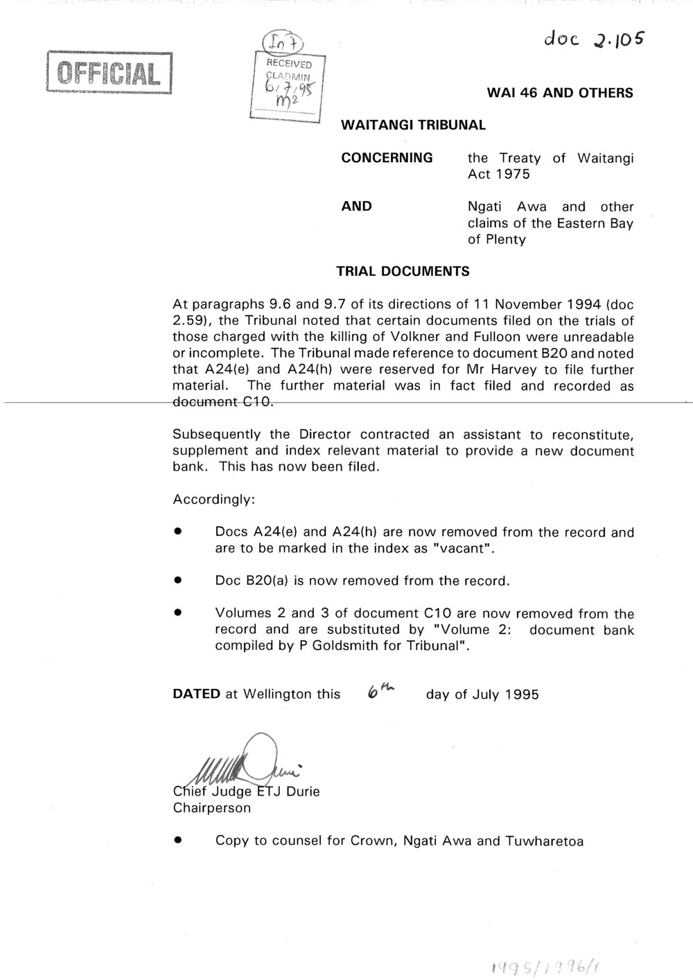 Wai 46_INQ_2.105_Trial Documents RE Ngati Awa &amp; other claims of EBOP 6 July 1995