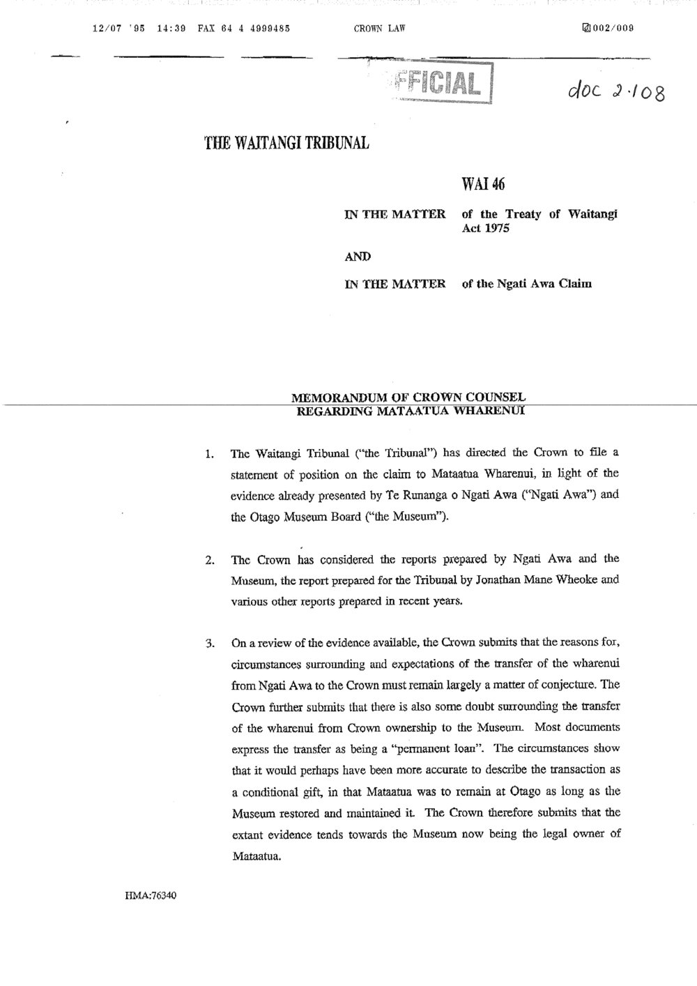 Wai 46_INQ_2.108_Memo of Crown Counsel RE Mataatua Wharenui 7 July 1995