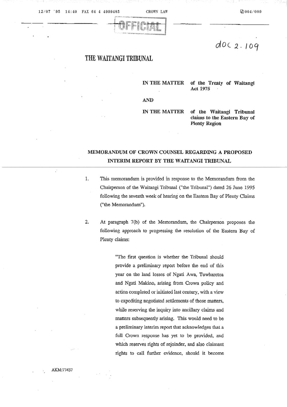 Wai 46_INQ_2.109_Memo of Crown Counsel RE P Interim Report by The Waitangi Tribunal