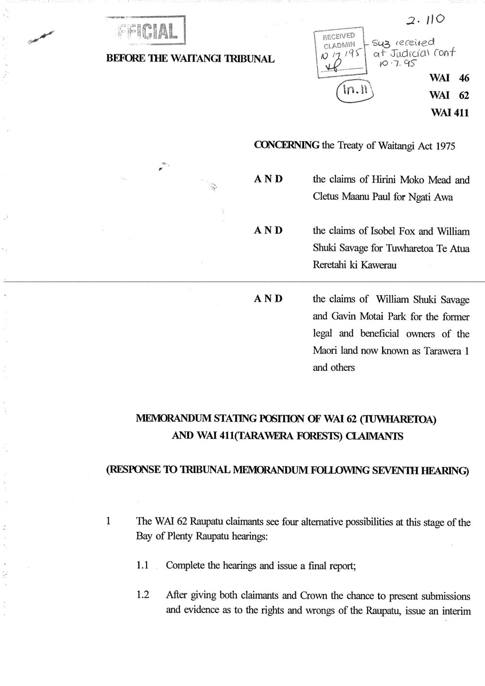 Wai 46_INQ_2.110_Memo Stating Position of Wai 62 and Wai 411 Claimants