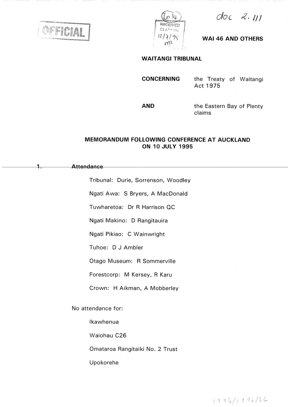 Wai 46_INQ_2.111_Memo Following Conference @ Auckland 10 July 1995