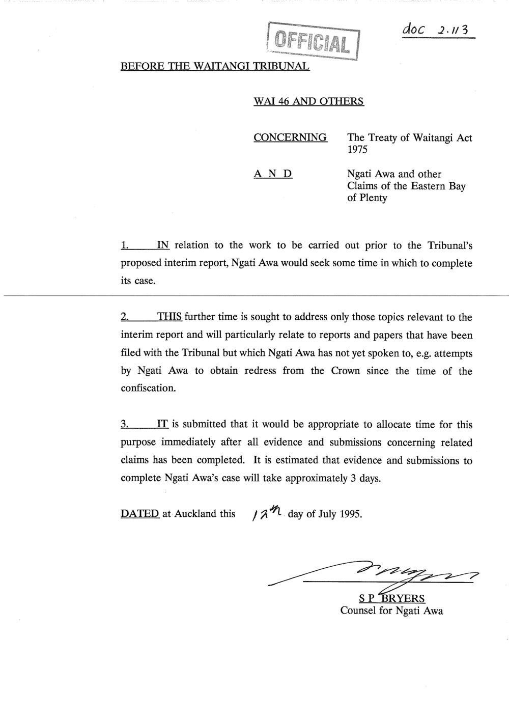 Wai 46_INQ_2.113_Memo NA and other claims 12 July 1995