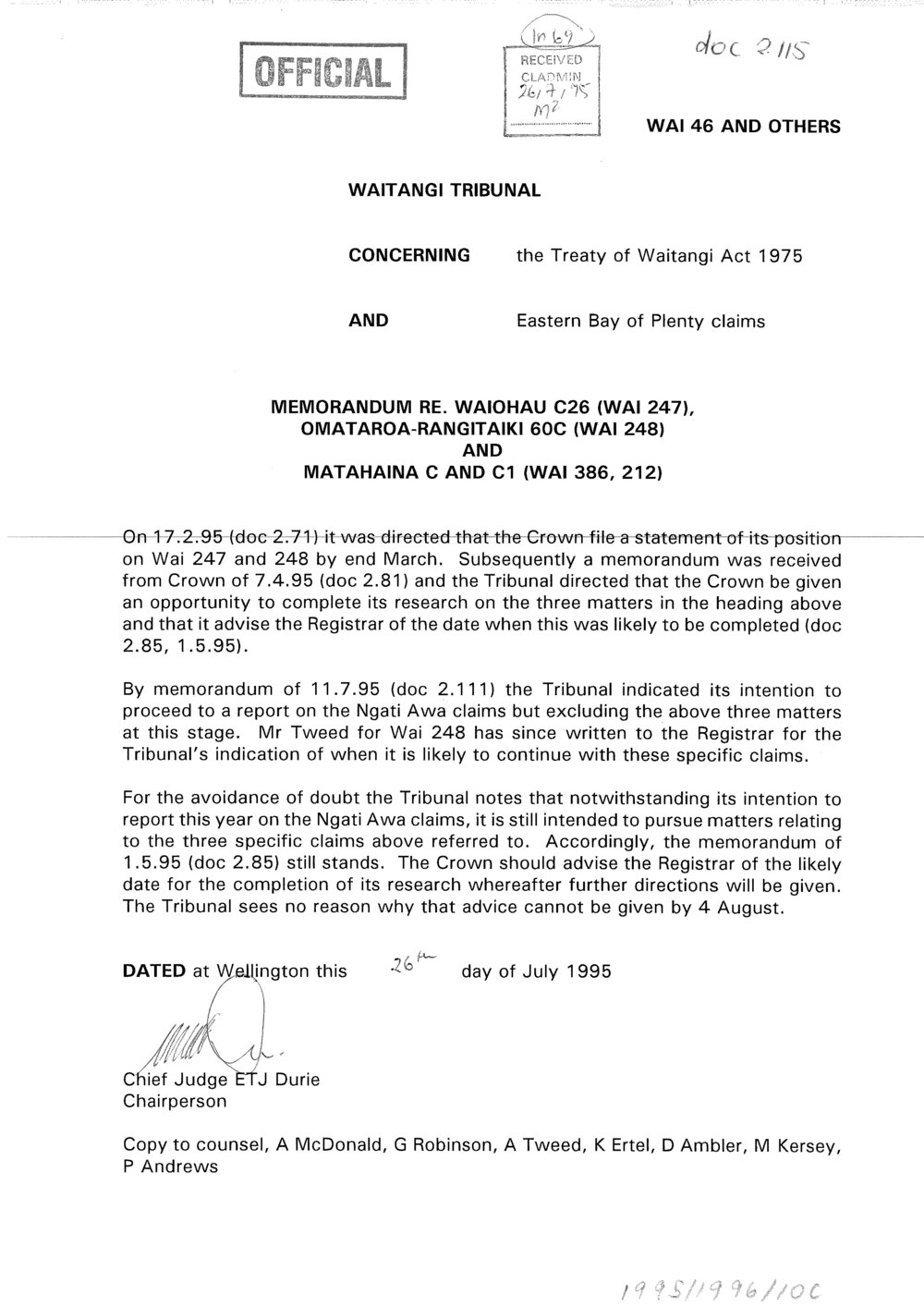 Wai 46_INQ_2.115_Memo RE WAI 247, WAI 248, WAI 386, 212 26 July 1995
