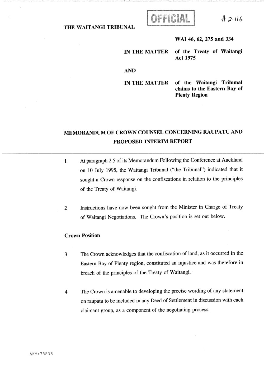 Wai 46_INQ_2.116_Memo of Crown Counsel Concerning Raupatu and Proposed Interim Report 28 July 1995
