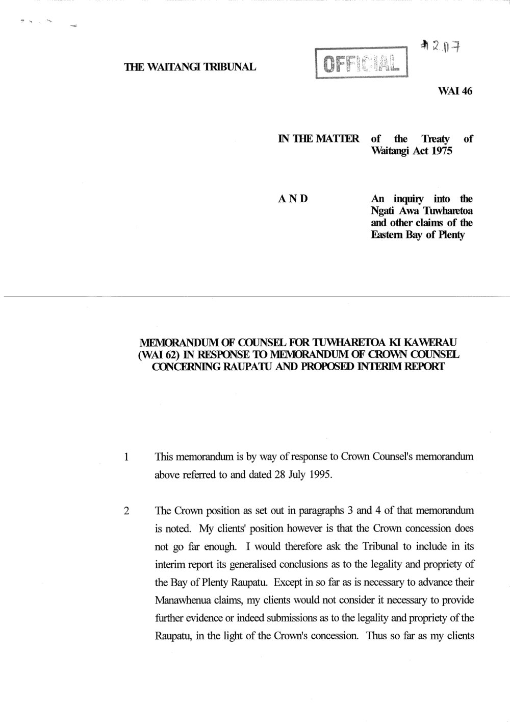 Wai 46_INQ_2.117Memo of Counsel for Tuwharetoa ki Kawerau in response to Memo of Crown Counsel RE Raupatu and P Interim Report