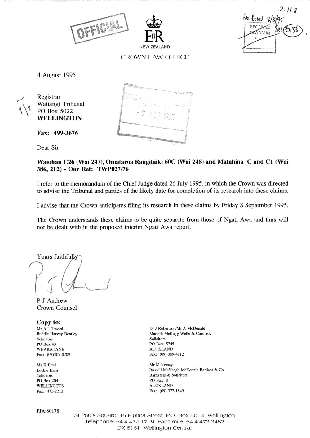 Wai 46_INQ_2.118_Letter Wai 247, Wai 248, Wai 386, 212 seperate to NA report