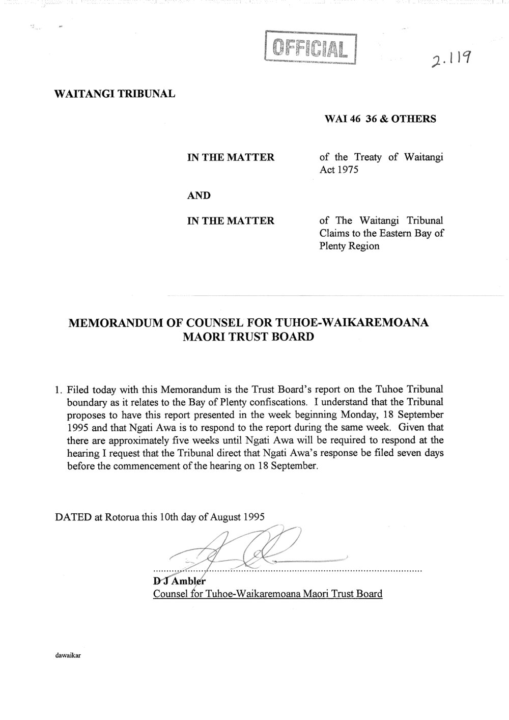 Wai 46_INQ_2.119_Memo of Counsel for Tuhoe-Waikaremoana M Trust Board 10 Aug 1995