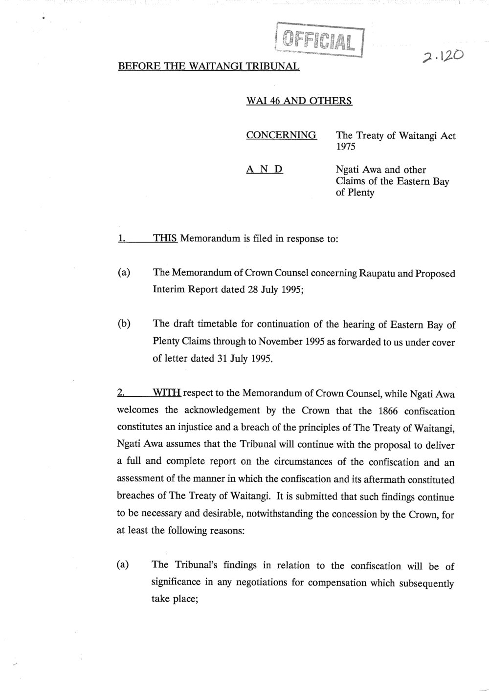Wai 46_INQ_2.120_Memo response to memo of Crown Counsel RE Raupatu and P Interim Report 11 Aug 1995