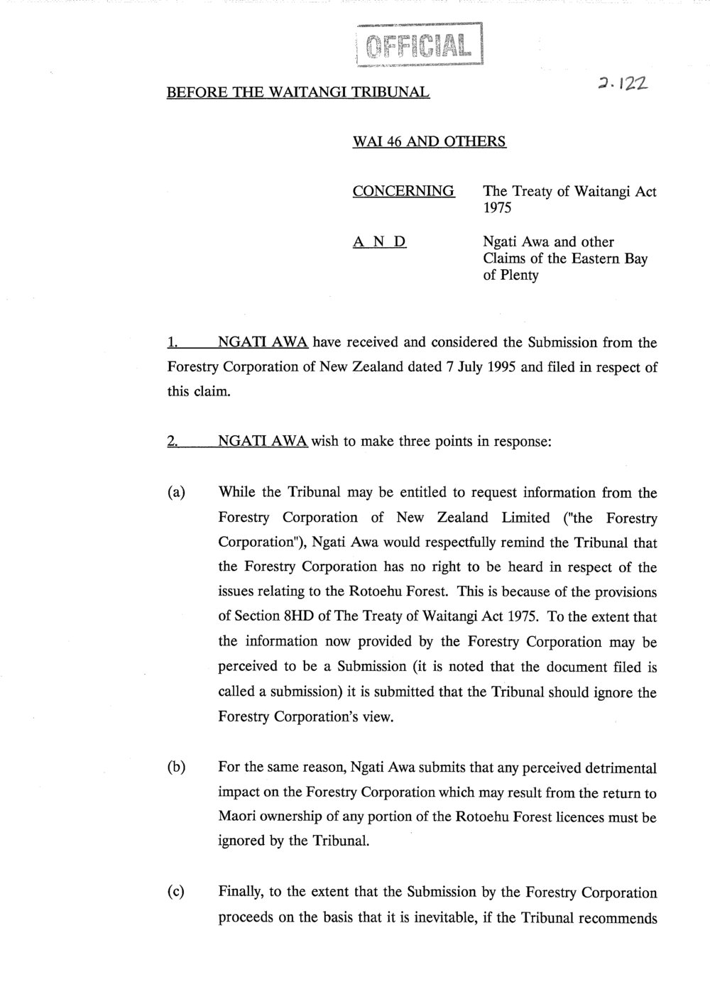Wai 46_INQ_2.122_Ngati Awa received, considered and respond to submission from Forestry Corporation NZ 7 July 1995