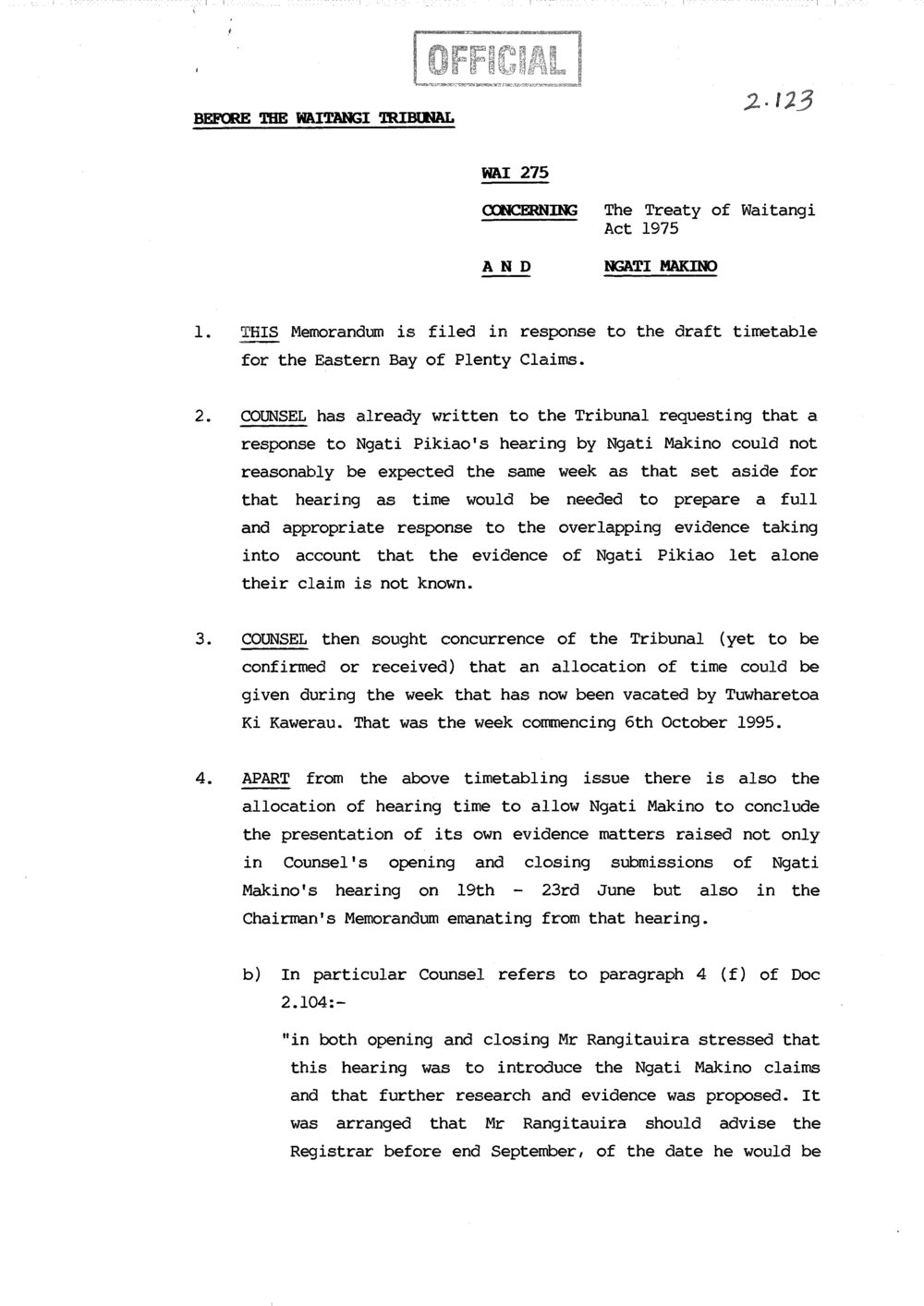 Wai 46_INQ_2.123_Memo is filed in response to the draft timetable for the EBOP Claism