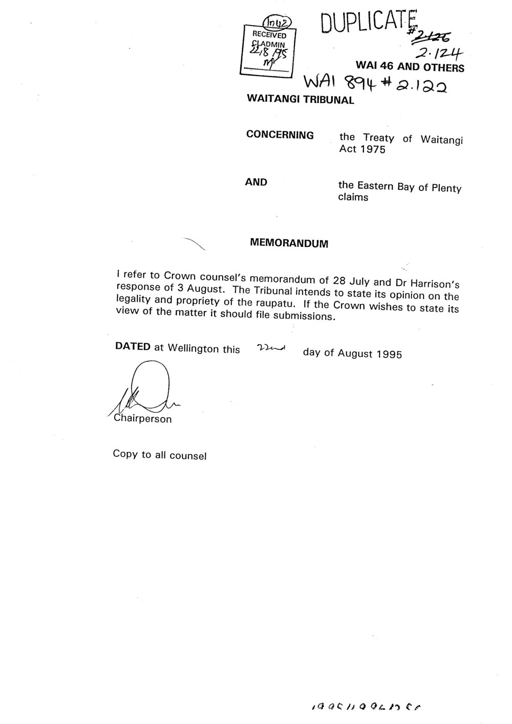 Wai 46_INQ_2.124_Memo RE The Eastern Bay of Plenty Claims - 22 Aug 1995