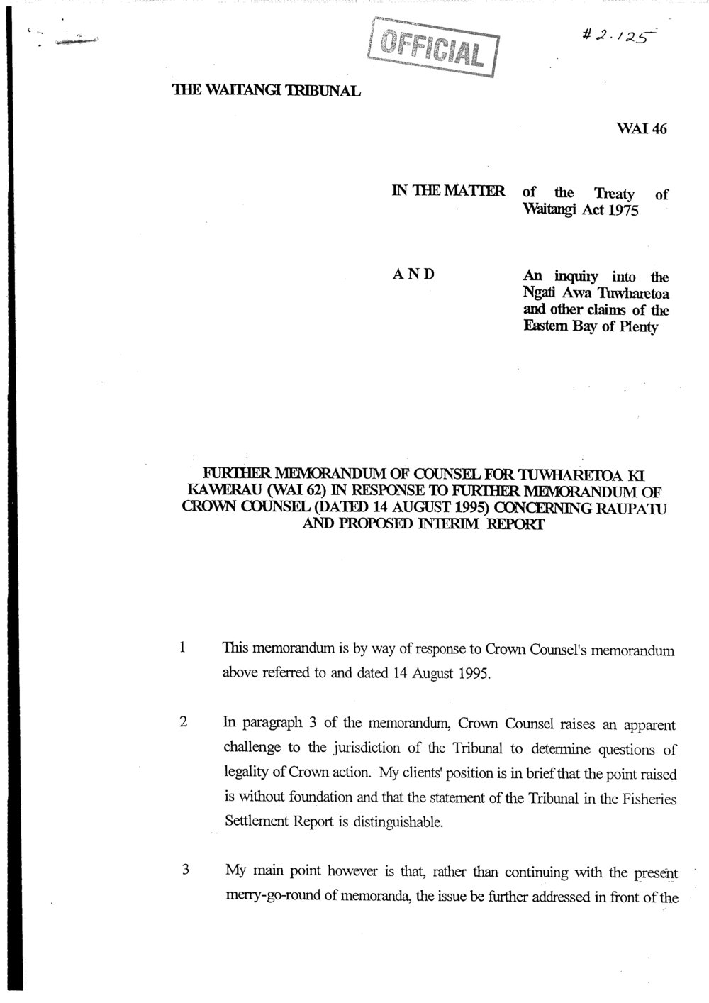 Wai 46_INQ_2.125_Memo of Counsel for Tuwharetoa ki Kawerau in response to further memo of Crown counsel dated 14 Aug 1995 RE Raupatu