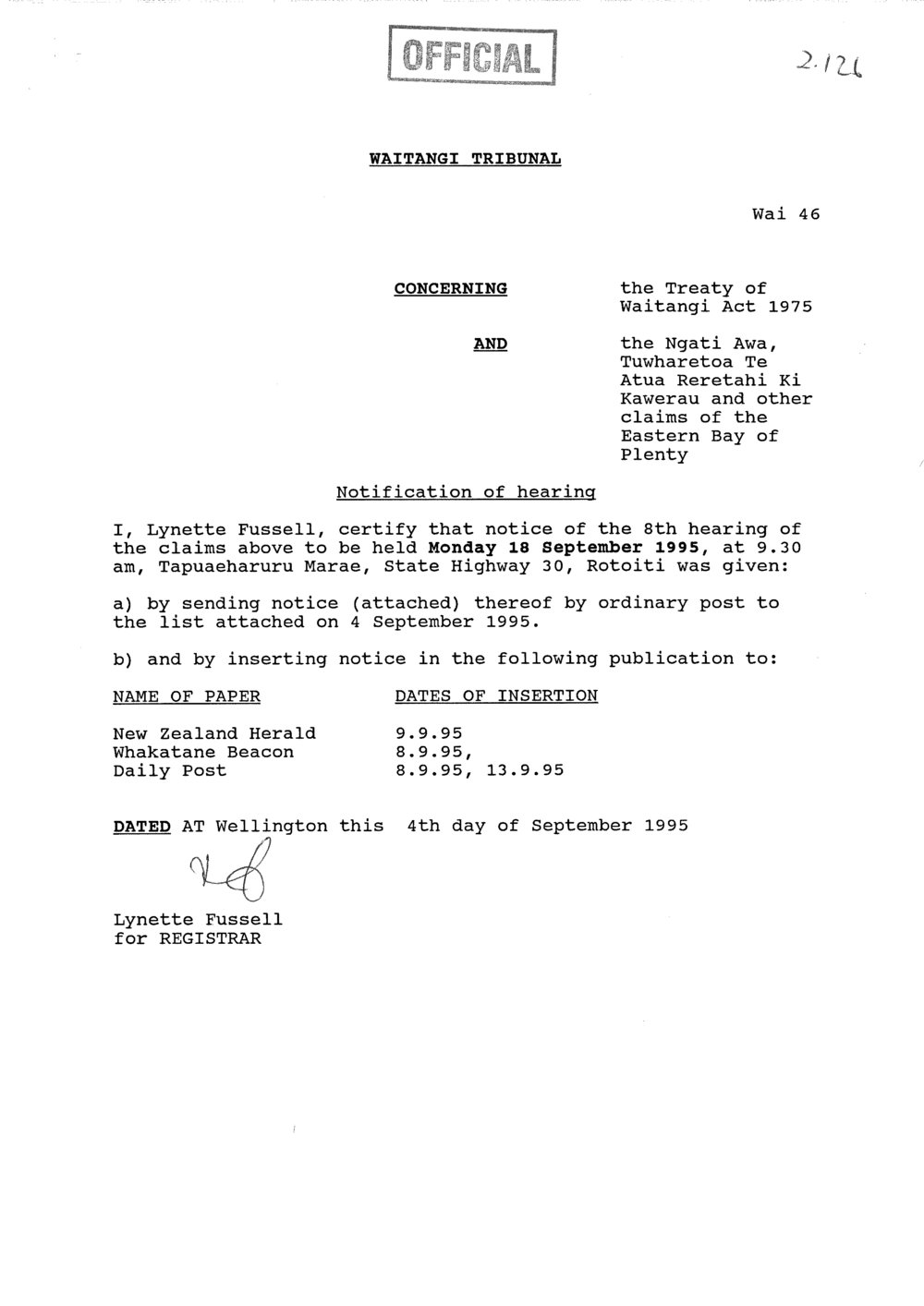 Wai 46_INQ_2.126_Memo Notification of Hearing - 8th hearing dated 4 Sep 1995