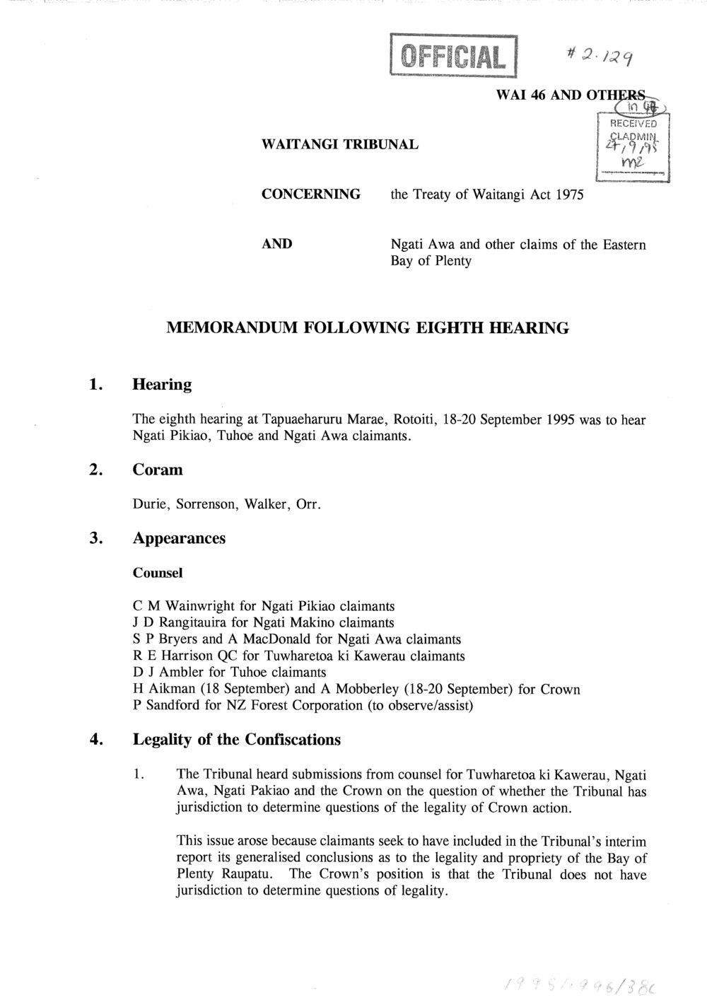 Wai 46_INQ_2.129_Memo Following Eighth Hearing