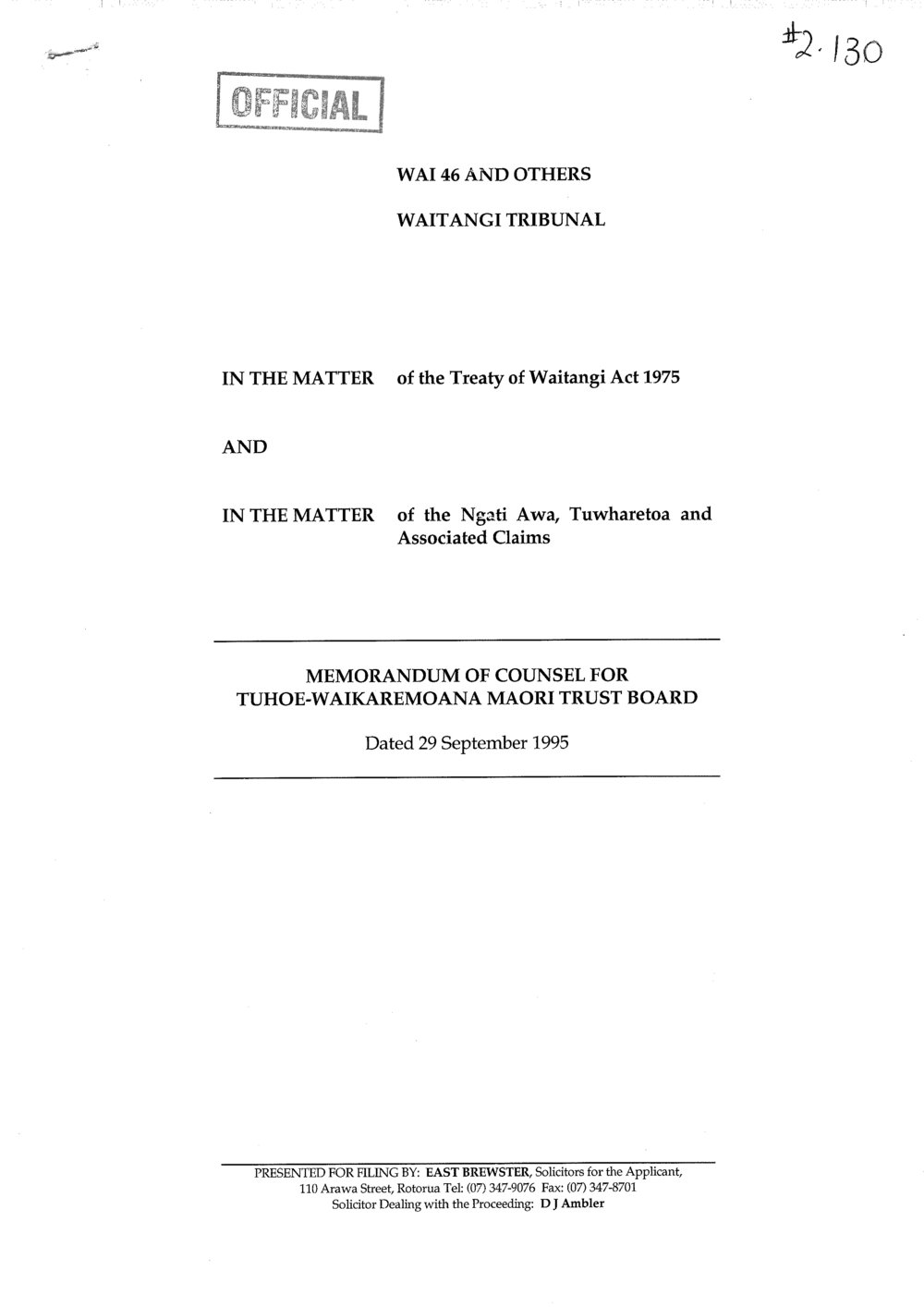 Wai 46_INQ_2.130_Memo of Counsel for Tuhoe-Waikaremoana Maori Trust Board