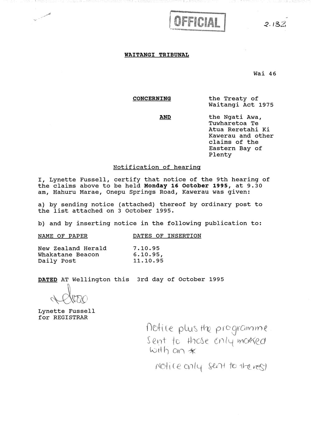 Wai 46_INQ_2.132_Notification of Hearing - 9th hearing 16 October 1995