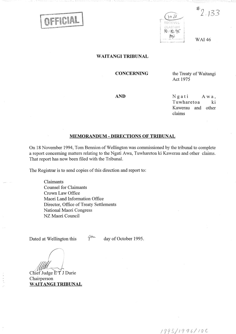 Wai 46_INQ_2.133_Memo Directions of Tribunal - Send copies of this direction