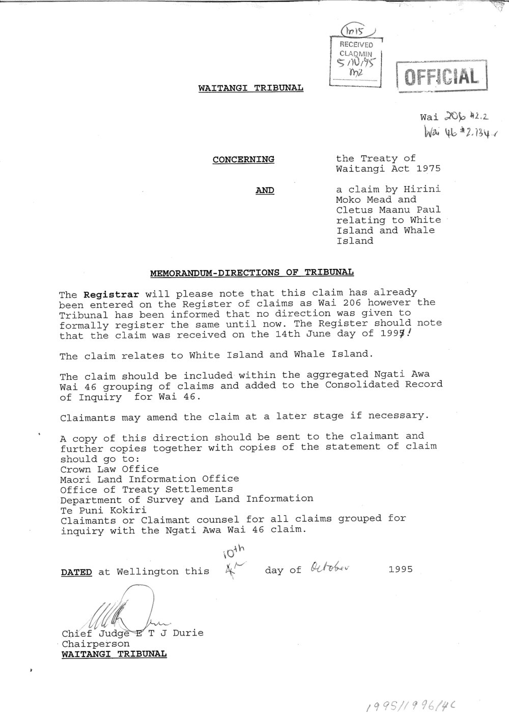 Wai 46_INQ_2.134_Memo Directions of Tribunal claim by H.Mead &amp; C.M.Paul RE White Island and Whale Island