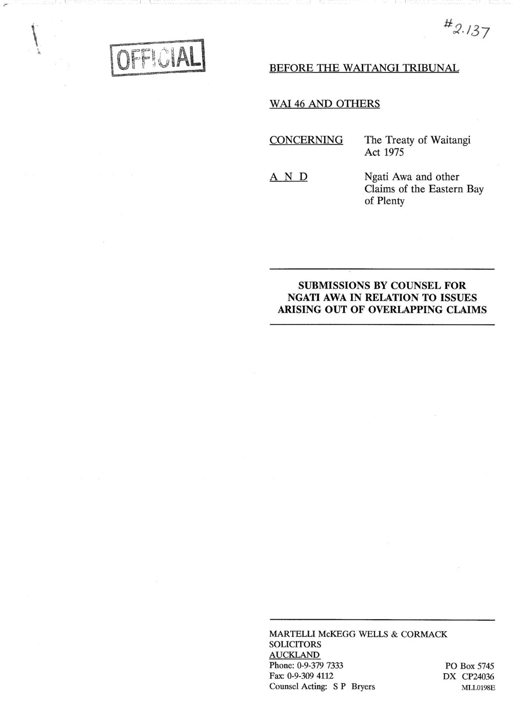 Wai 46_INQ_2.137_Submissions by Counsel for Ngati Awa in Relation to Issues Arising out of Overlapping Claims