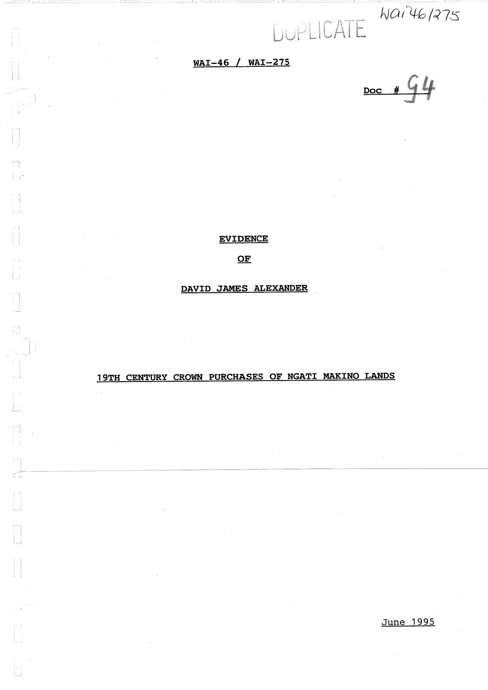 Wai 46_INQ_G004_Evidence of David J Alexander RE Ngati Makino Lands - June 1995