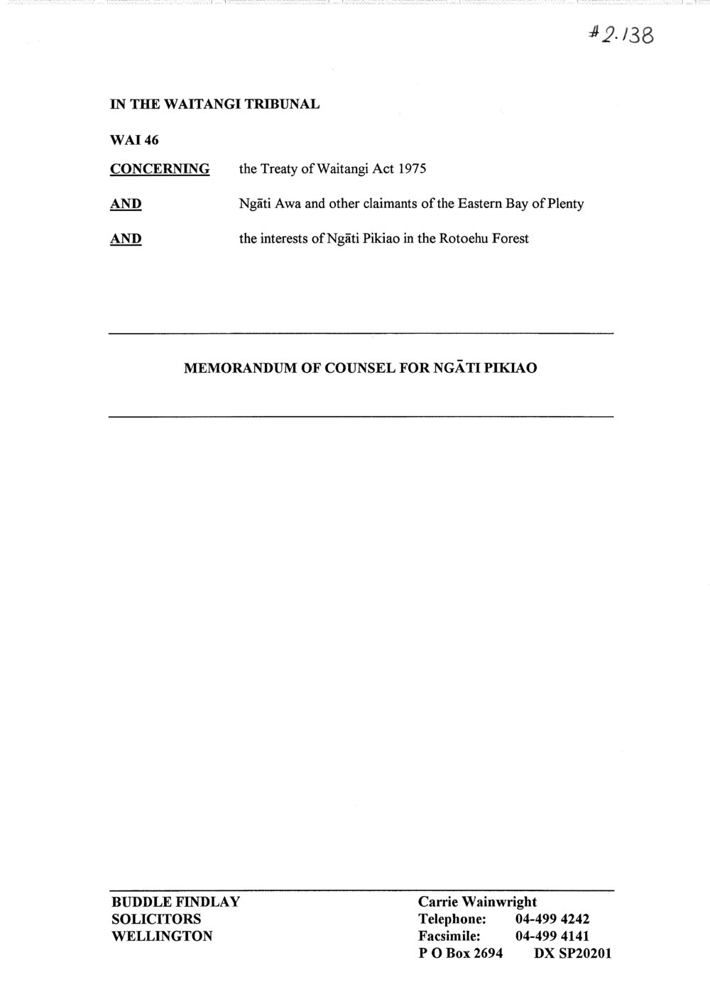 Wai 46_INQ_2.138_Memo of Counsel for Ngati Pikiao - Rotoehu Forest