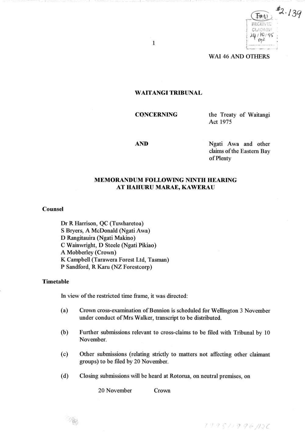Wai 46_INQ_2.139_Memo Following Ninth Hearing at Hahuru Marae, Kawerau
