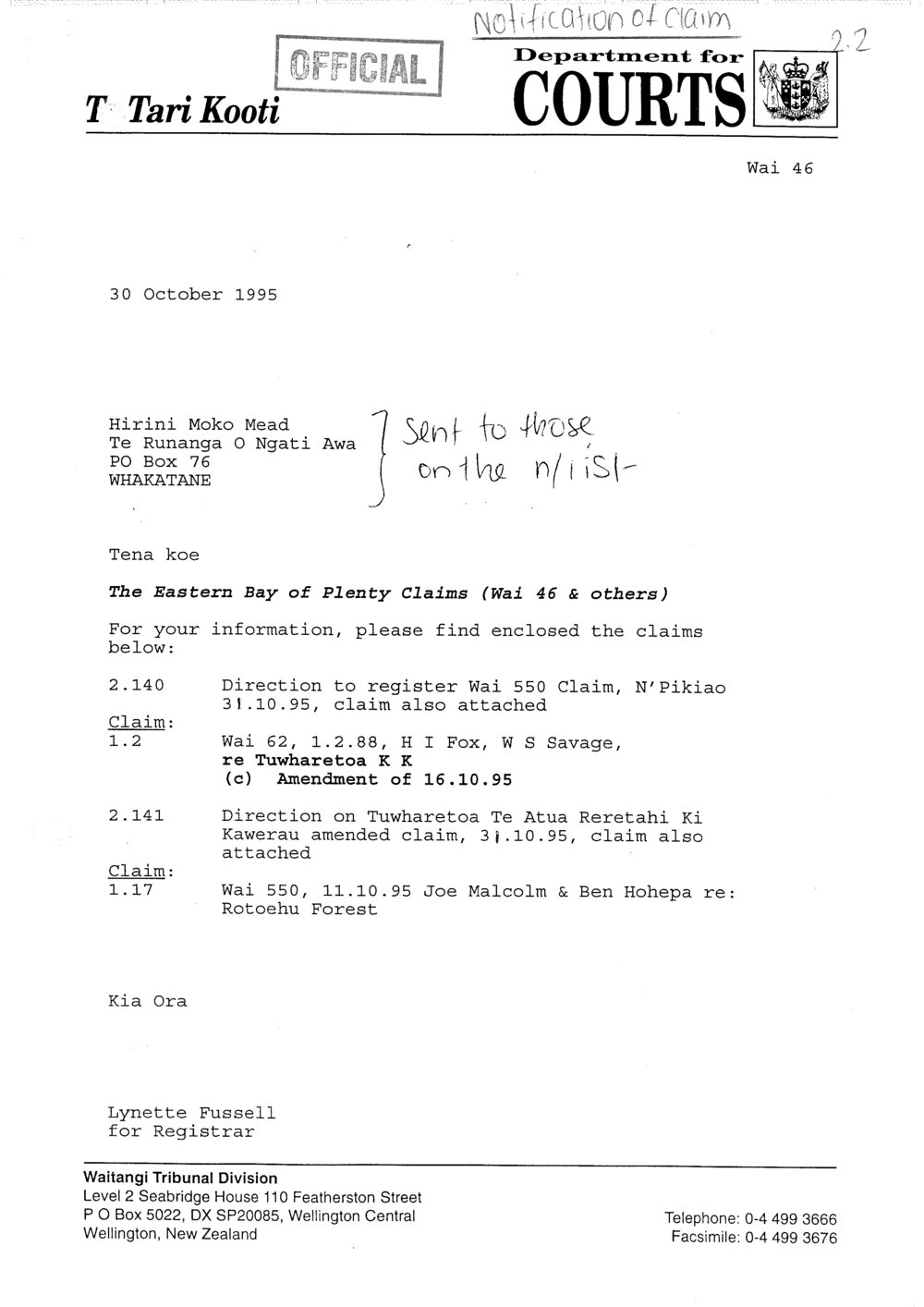 Wai 46_INQ_2.140 (a)_Letter to H.Mead Re The EBOP Claims (Wai 46 &amp; others)