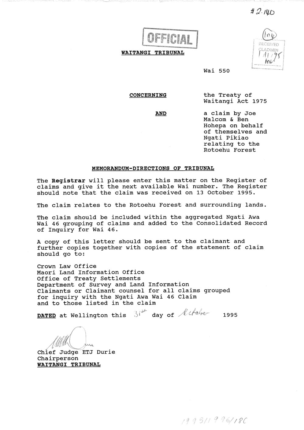 Wai 46_INQ_2.140_Memo - Directions of Tribunal RE Claim by J.Malcom &amp; B.Hohepa on behalf of themselves and Ngati Pikiao re Rotoehu Forest
